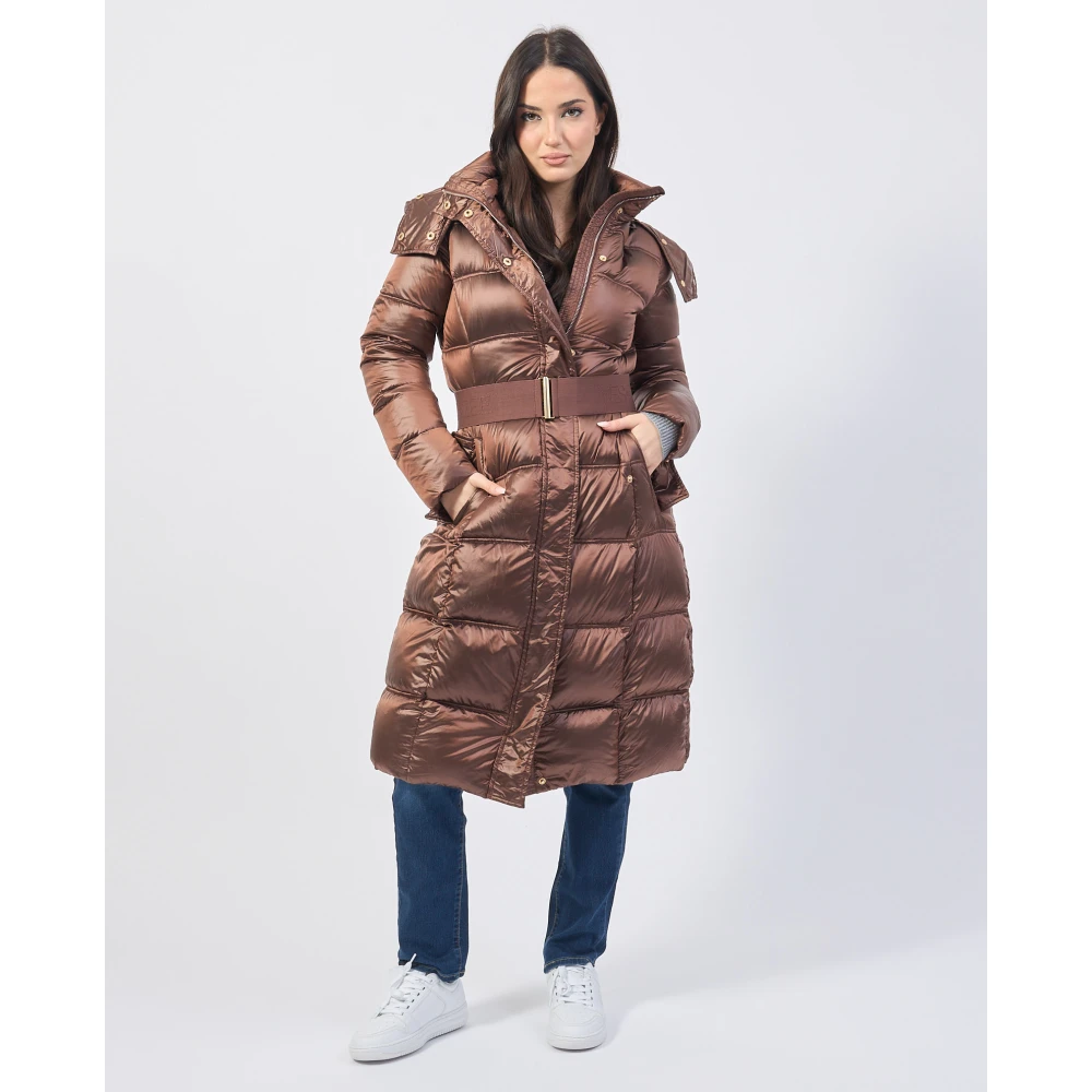YES ZEE Bruine Gewatteerde Lange Jas met Capuchon Brown Dames
