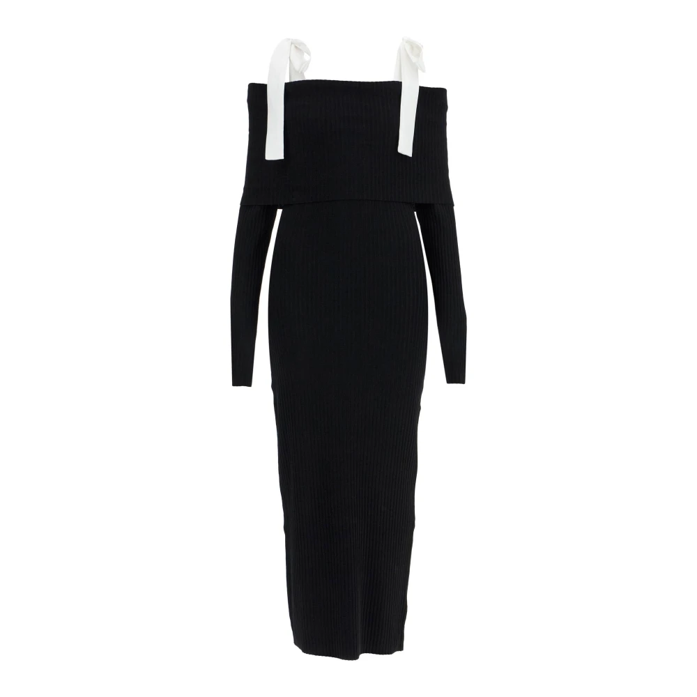 Rotate Birger Christensen Geribbelde off-shoulder maxi jurk Black Dames