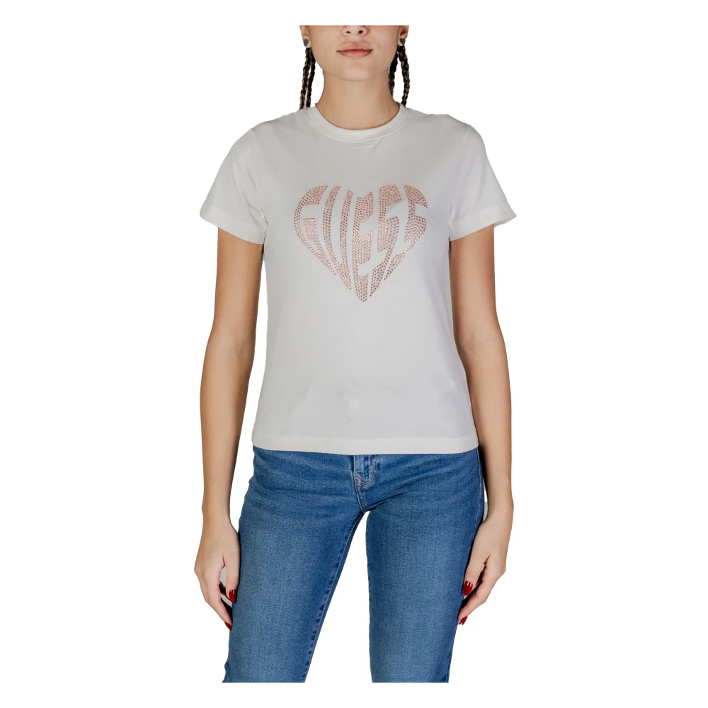 Guess Women's White Heart Rhinestone Casual Tee - T-Shirts - Xs- Tops