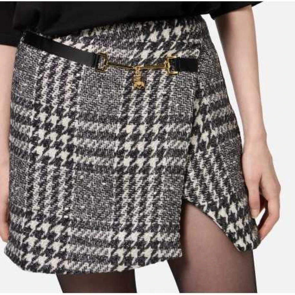 Elisabetta Franchi Zwart Wit Tartan Asymmetrische Rok Gouden Gesp Black Dames