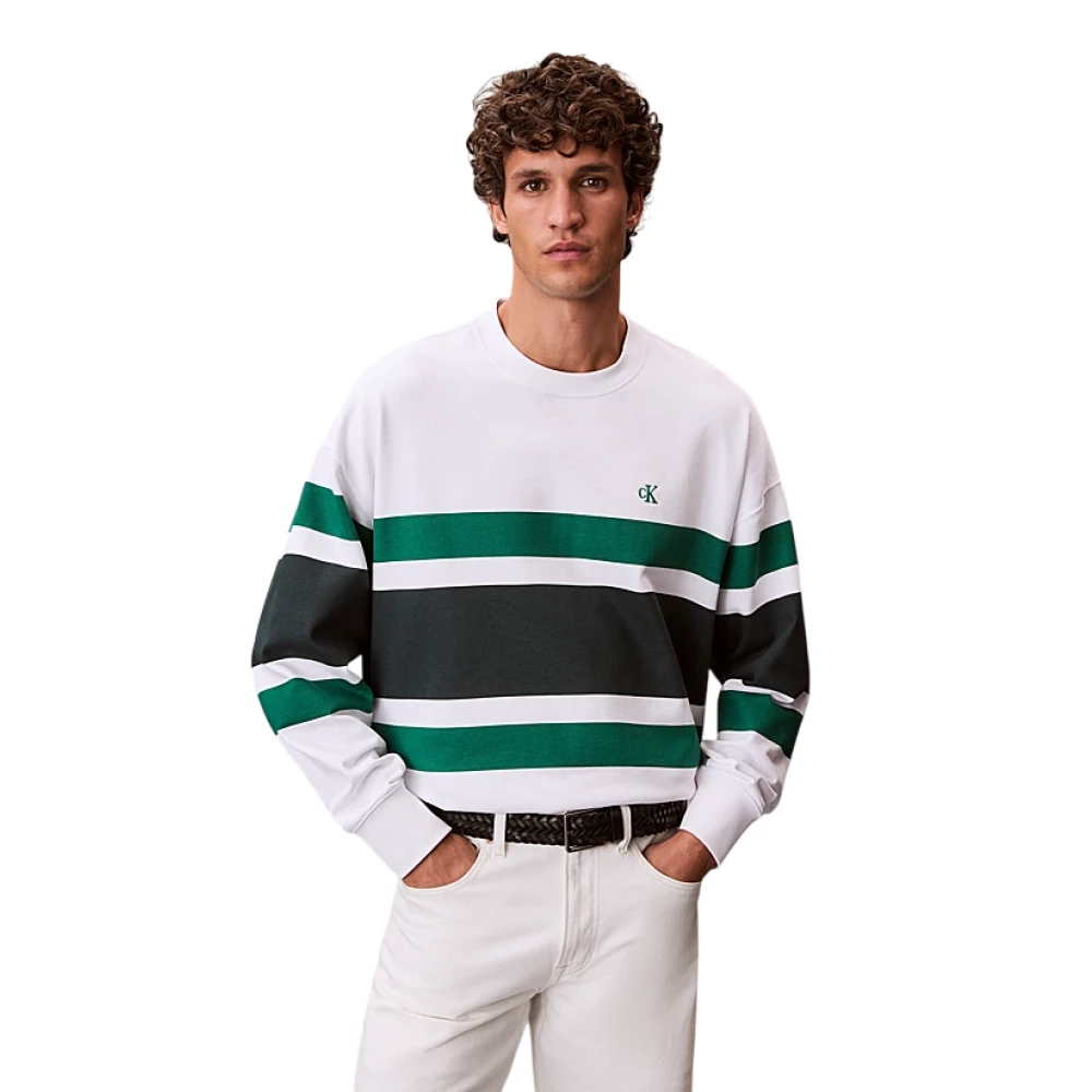 Calvin Klein Men's White Sweatshirts, L, Premium Terry Block Stripe Sweatshirt