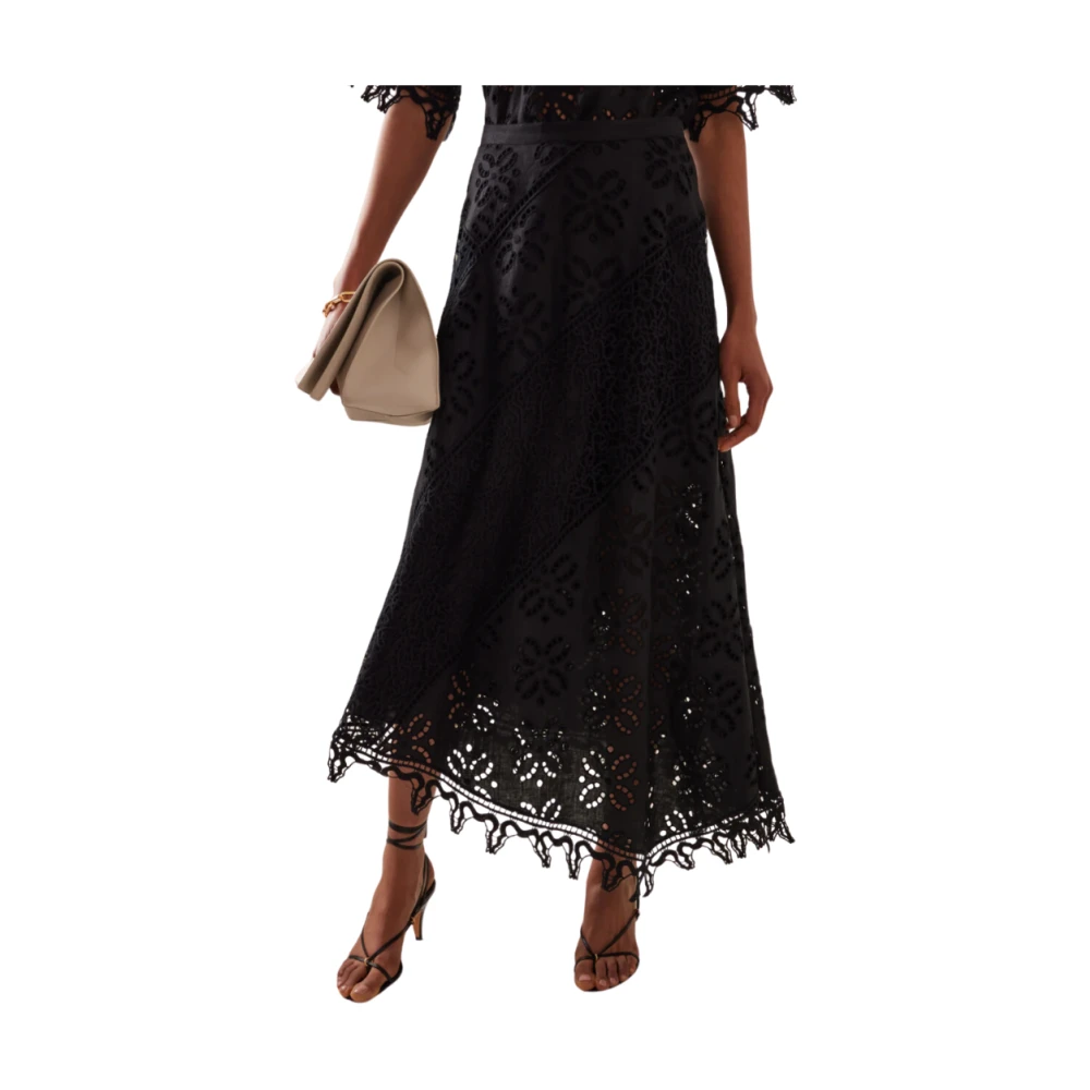 Ulla Johnson Bloemen Kant Patchwork Asymmetrische Linnen Rok Black Dames