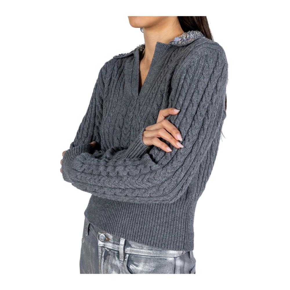 DES Phemmes Trui met strass kraag en kabelbreisel Gray Dames