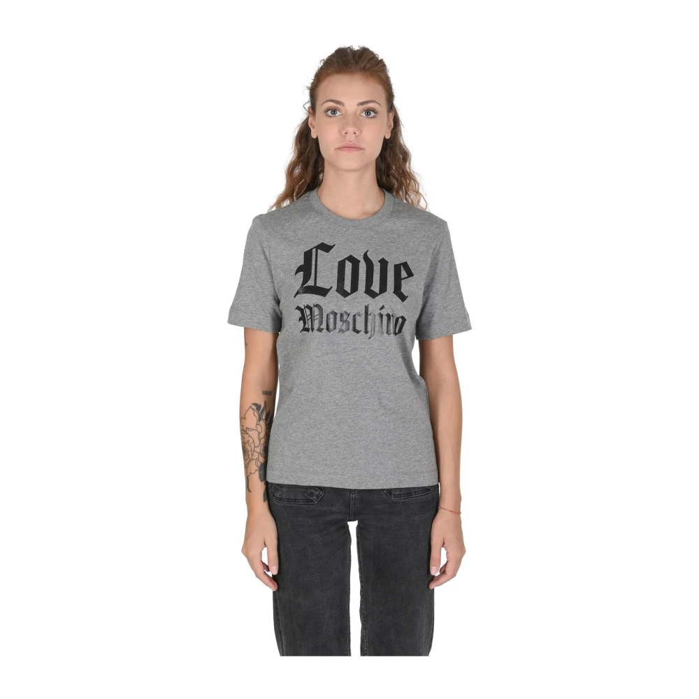 Love Moschino Women's Gray T-Shirts, Xs, Gothic Logo Tee Short Sleeve