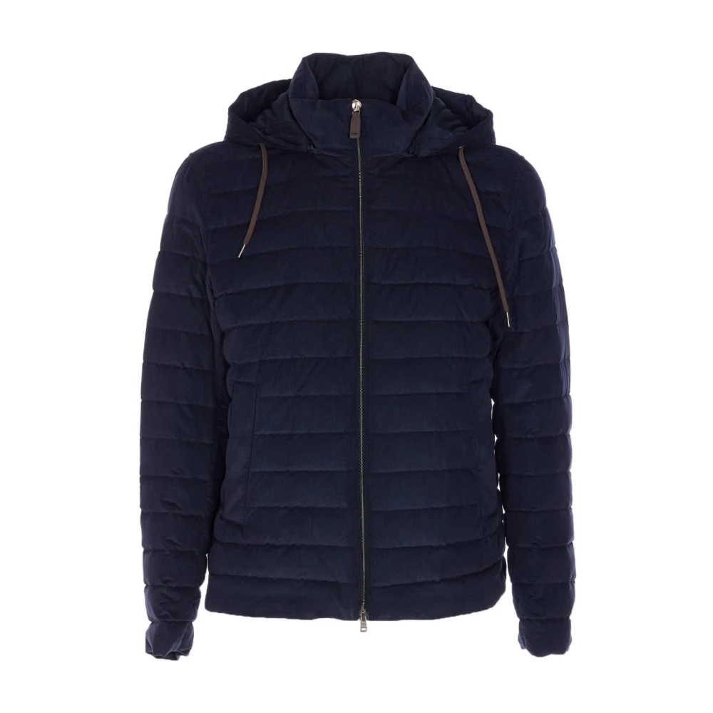 Herno Men's Blue Down Jackets, 2XL, Corduroy Quilted Hooded Coat