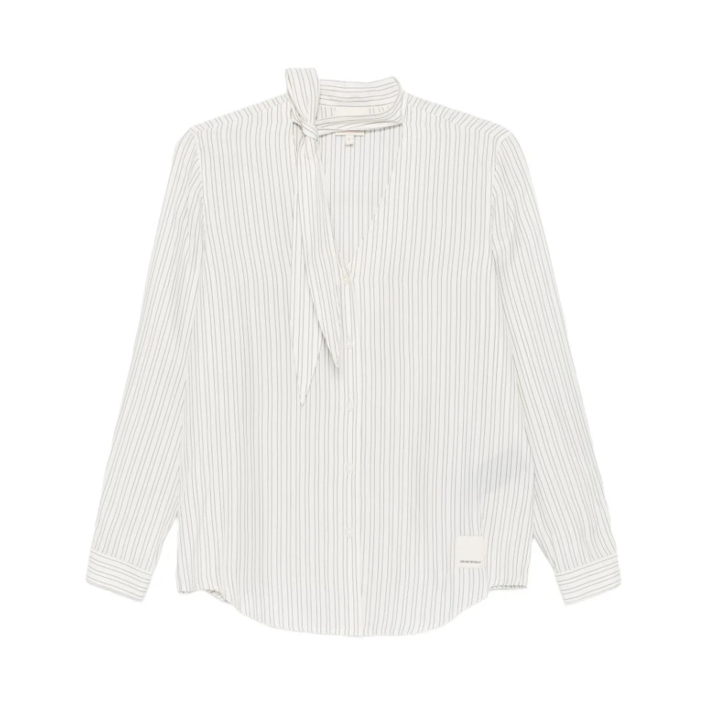 Emporio Armani , Shirts, Female, White, L, Striped Tie-Neck Shirt