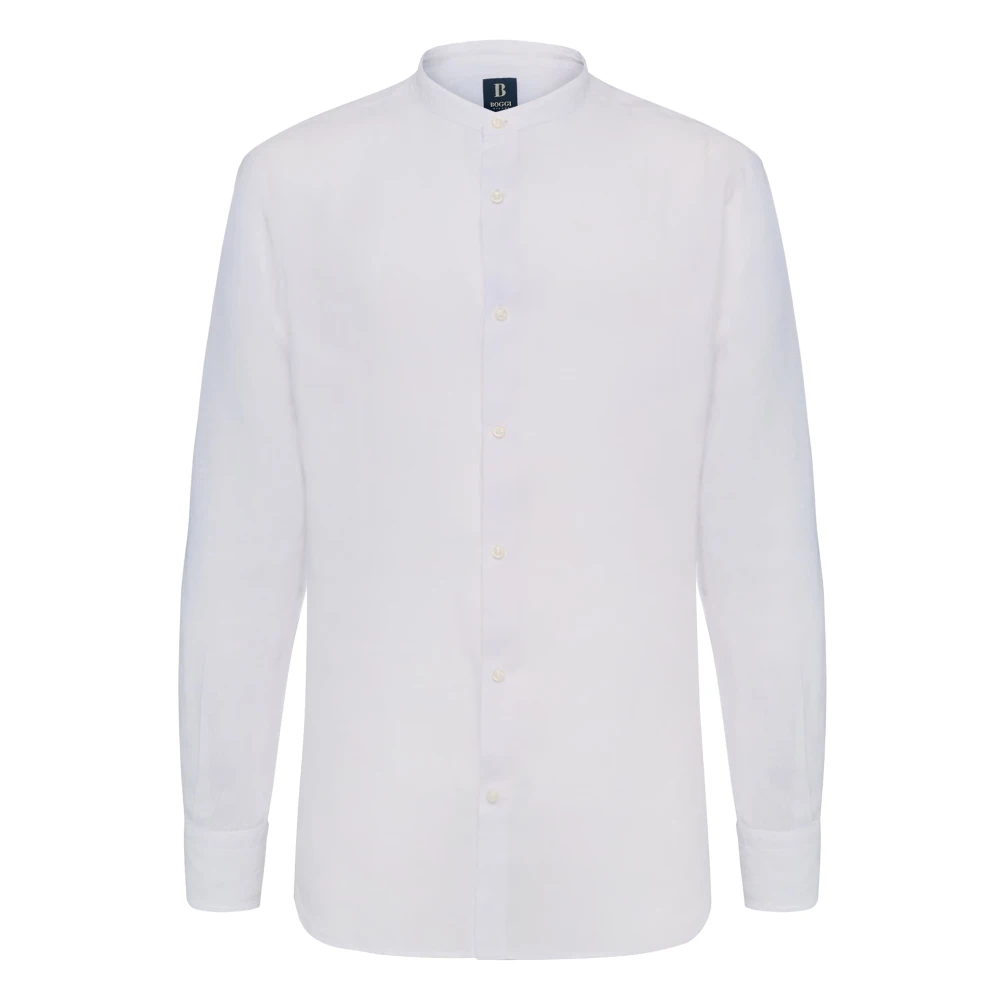Boggi Milano Linnen Overhemd met Koreaanse Kraag Regular Fit White Heren