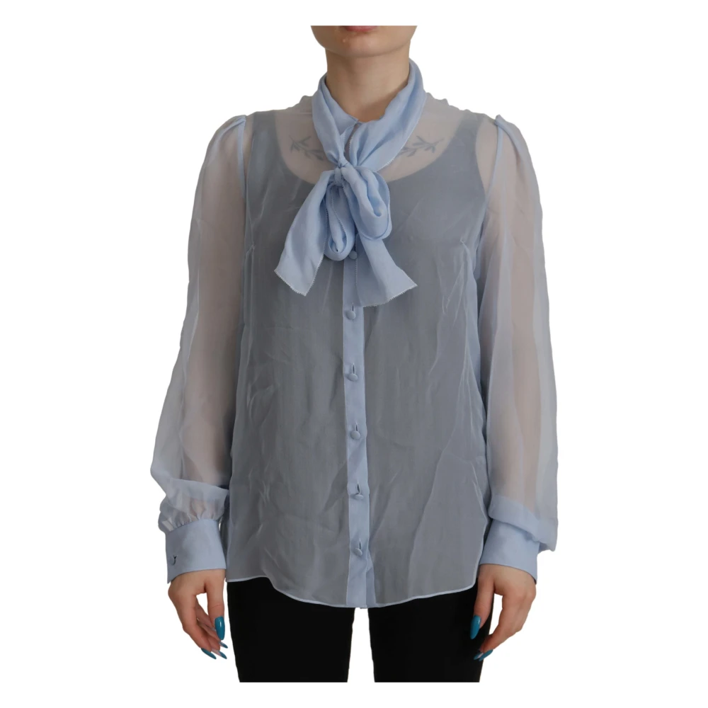 Dolce & Gabbana Blue Long Sleeves Ascot Collar Blouse Light Top Blue, Dam