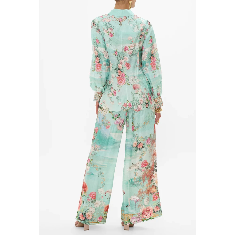 Camilla Zijden blouse met gebogen kraag en kristalversiering Blue Dames