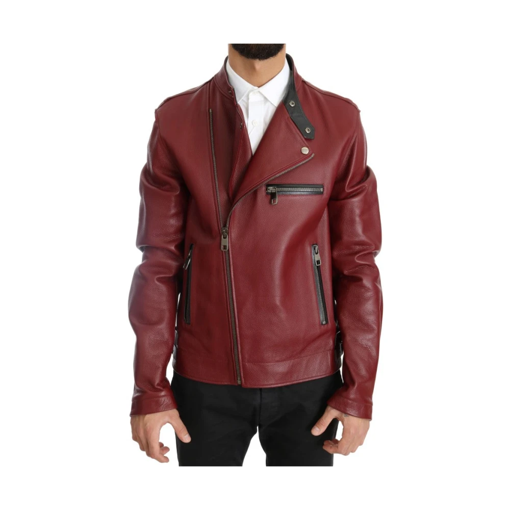 Dolce & Gabbana Men's Red Radiant Leather Biker Motorcycle Jacket