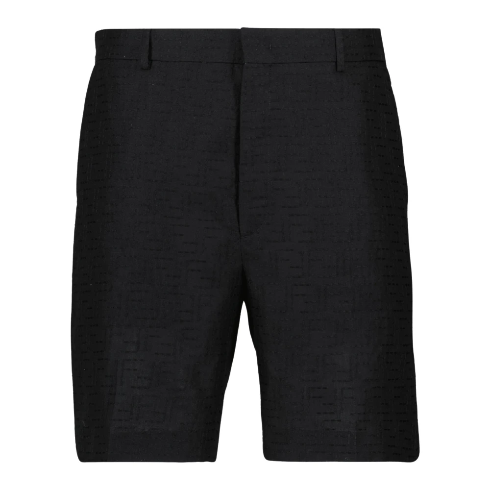Fendi Men's Black Cotton Linen Shorts With Printed Logo - Casual Shorts - M - Shorts