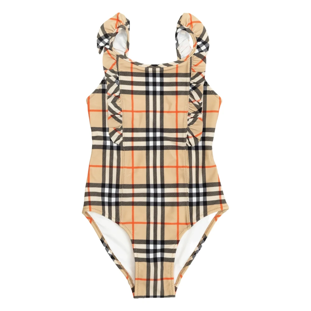 Burberry Girls Beige Ruffle Trim Check Swimsuit - Kids Swimsuits - 10 Y - Kids