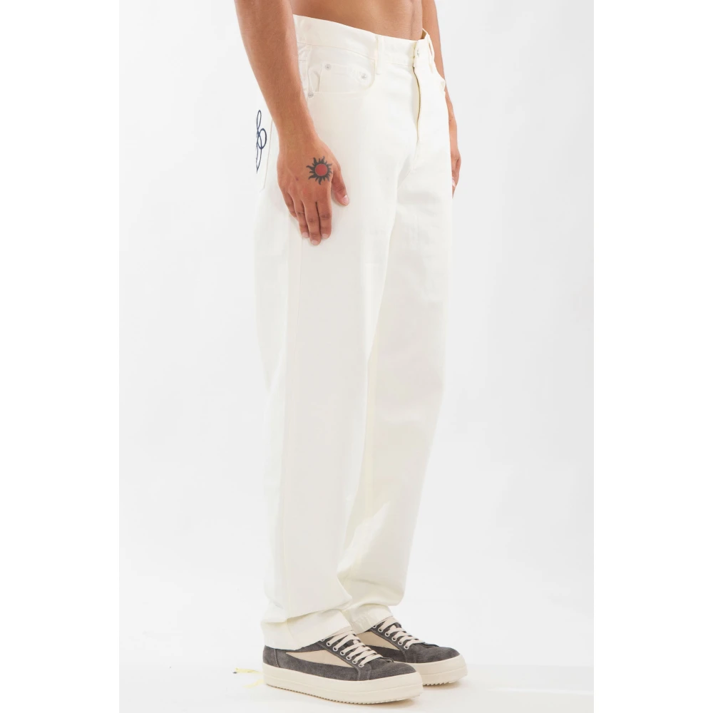 Arte Antwerp Denim Geborduurde Zakbroek in Creme White Heren
