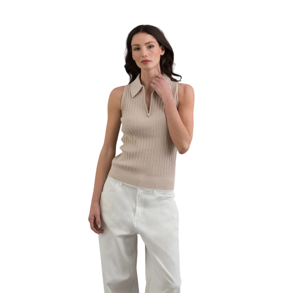 Moorer Women's Beige Sleeveless Tops, Xs, Sleeveless Polo