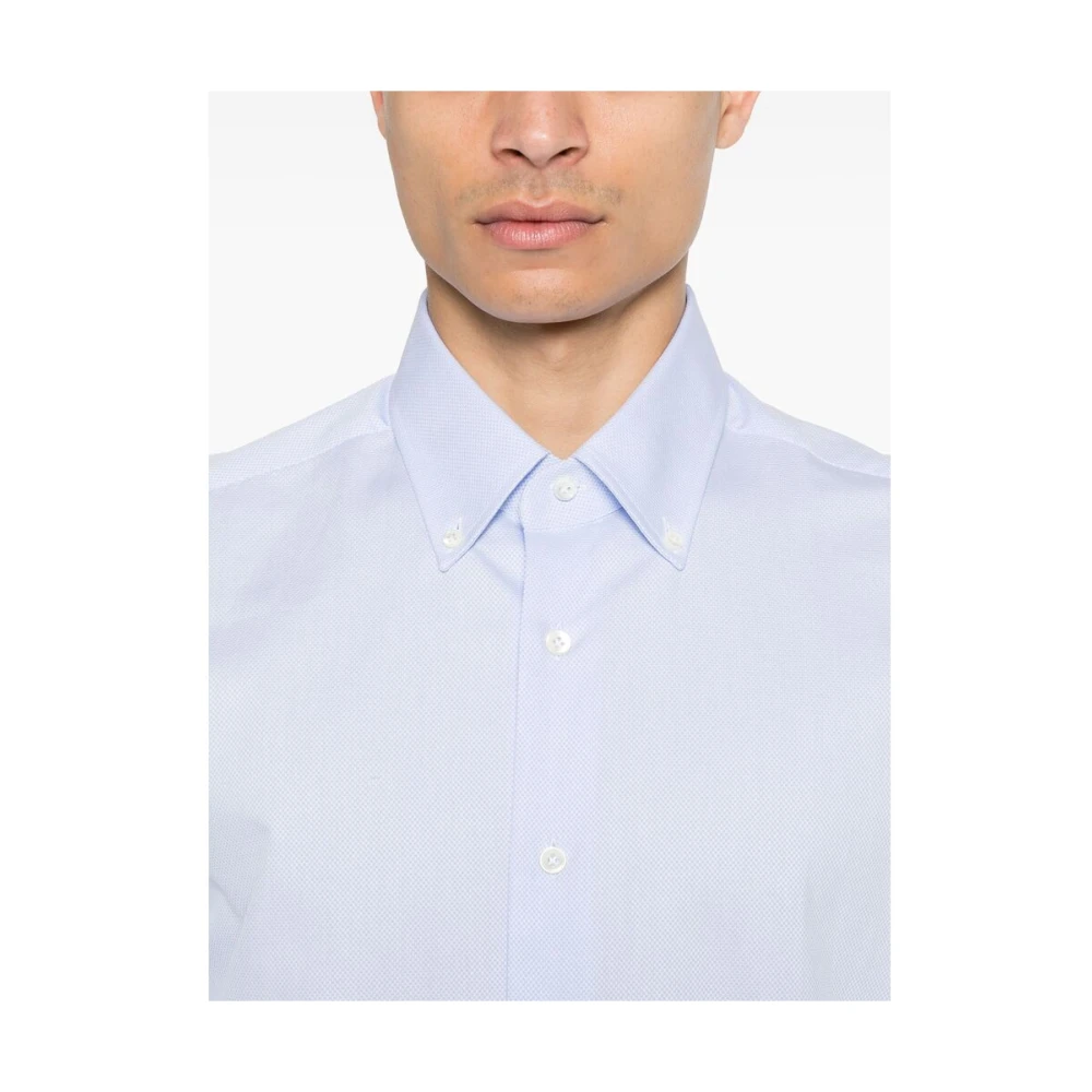 Mazzarelli Blauw Wit Katoenen Knoopshirt Blue Heren