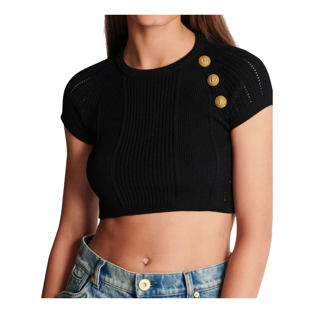 Balmain Zwarte Cropped Sweater met Gouden Knopen Black Dames