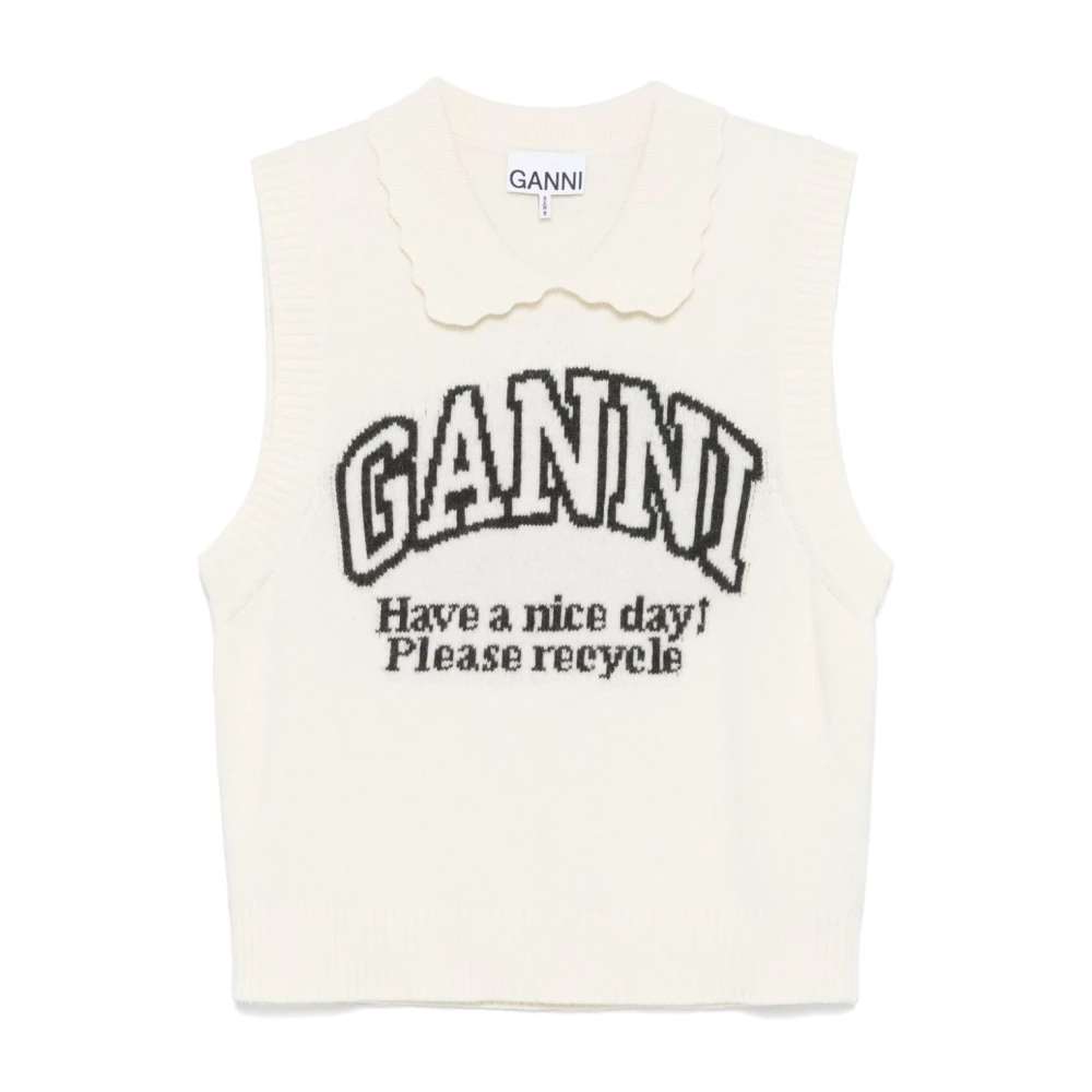 Ganni Witte Wol Gebreide Vest Sweater Beige Dames