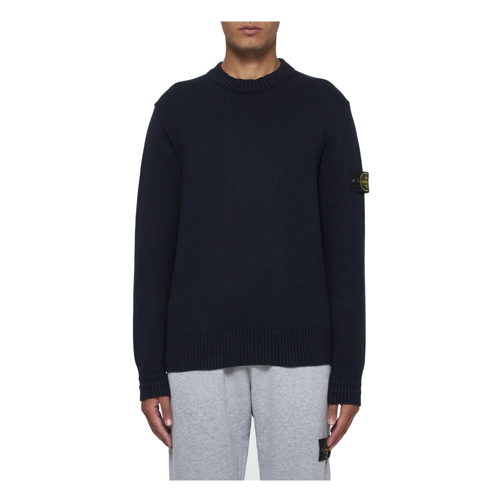 Stone Island Blauwe Crew Neck Sweater Logo Badge Blue Heren