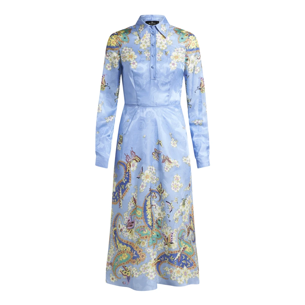 ETRO Heldere Blauwe Bloemen Midi Overhemdjurk Blue Dames