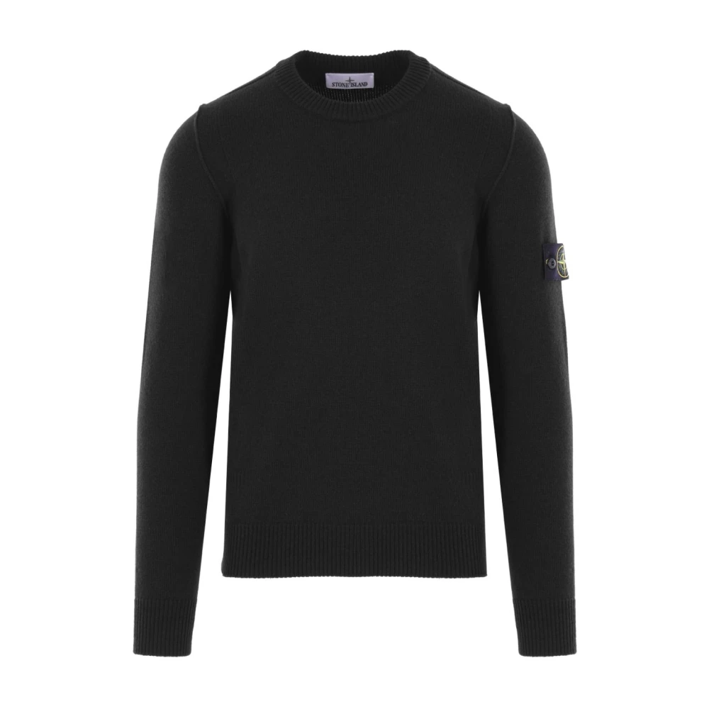 Stone Island Black Round-Neck Knitwear, Male, 3XL, Crew Neck Wool Jumper