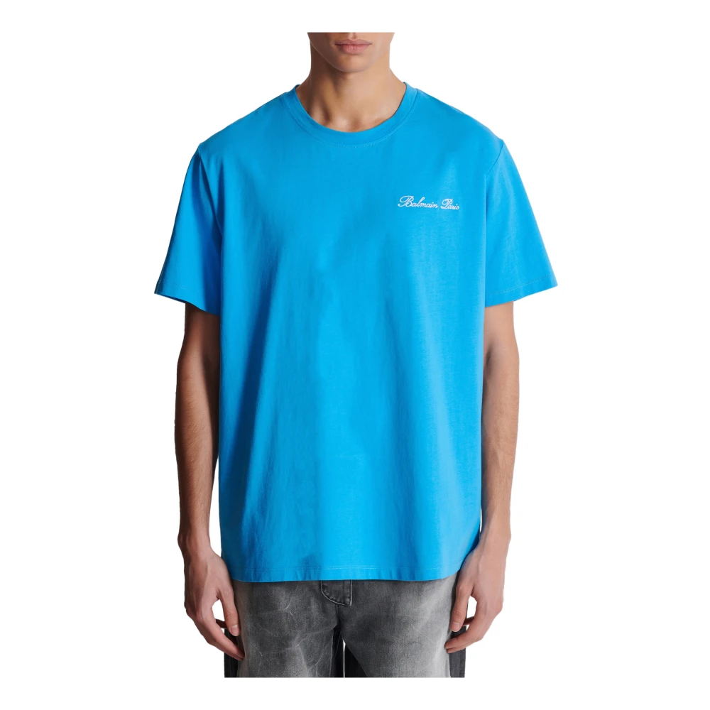 Balmain Relaxed T-shirt met Handtekeningborduursel Blue Heren