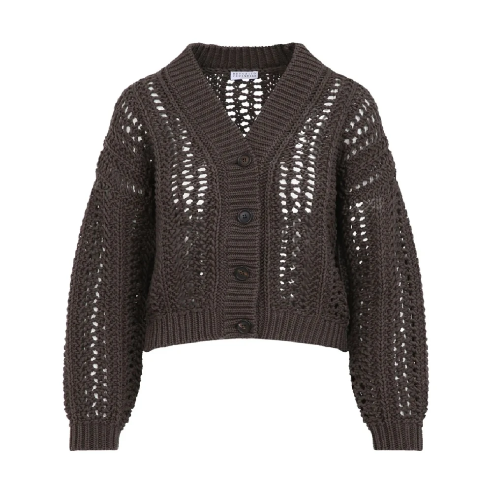 BRUNELLO CUCINELLI Bruine V-hals trui met geribbelde details Brown Dames