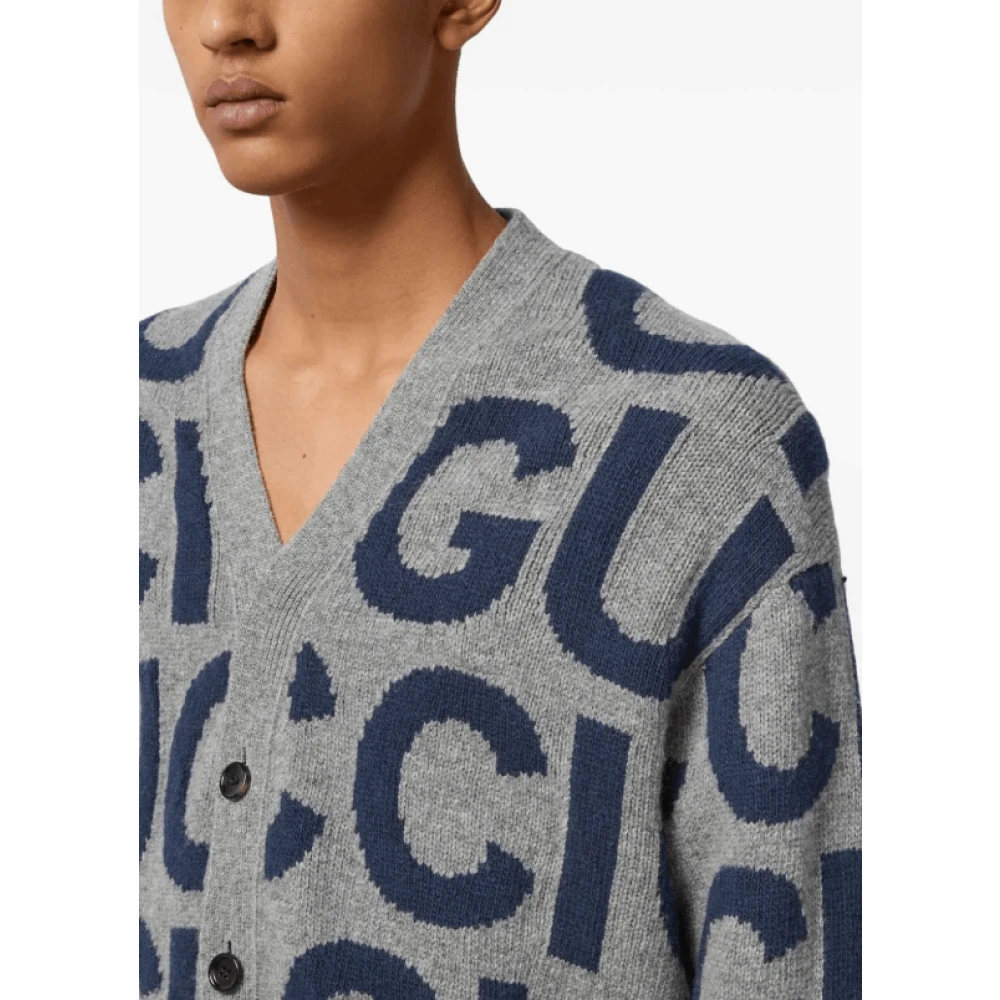 Gucci Intarsia Wol Cardigan met Logo Gray Heren