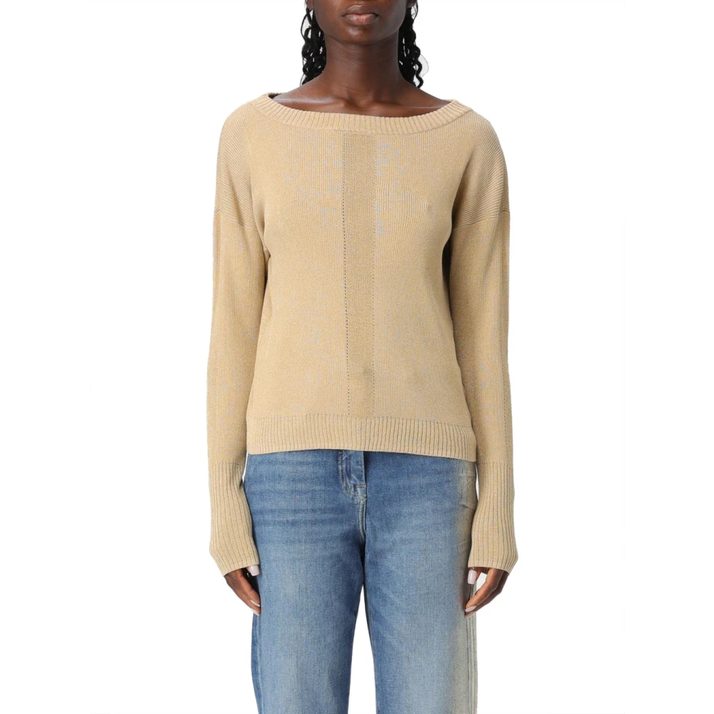 PATRIZIA PEPE Lurex Boothals Trui met Fly Detail Beige Dames