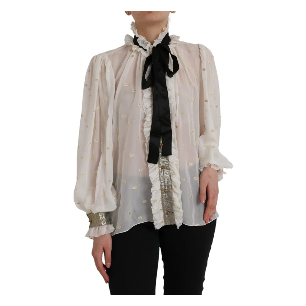 Dolce & Gabbana Women's White Blouses, M, Off Silk Blend Ascot Collar Blouse Top