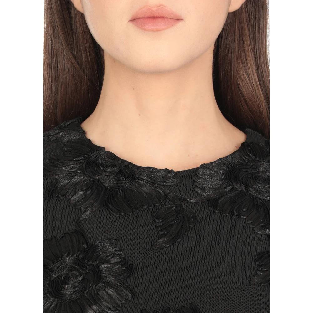 Rotate Birger Christensen Zwarte jurk met bloemenreliëf en lange mouwen Black Dames