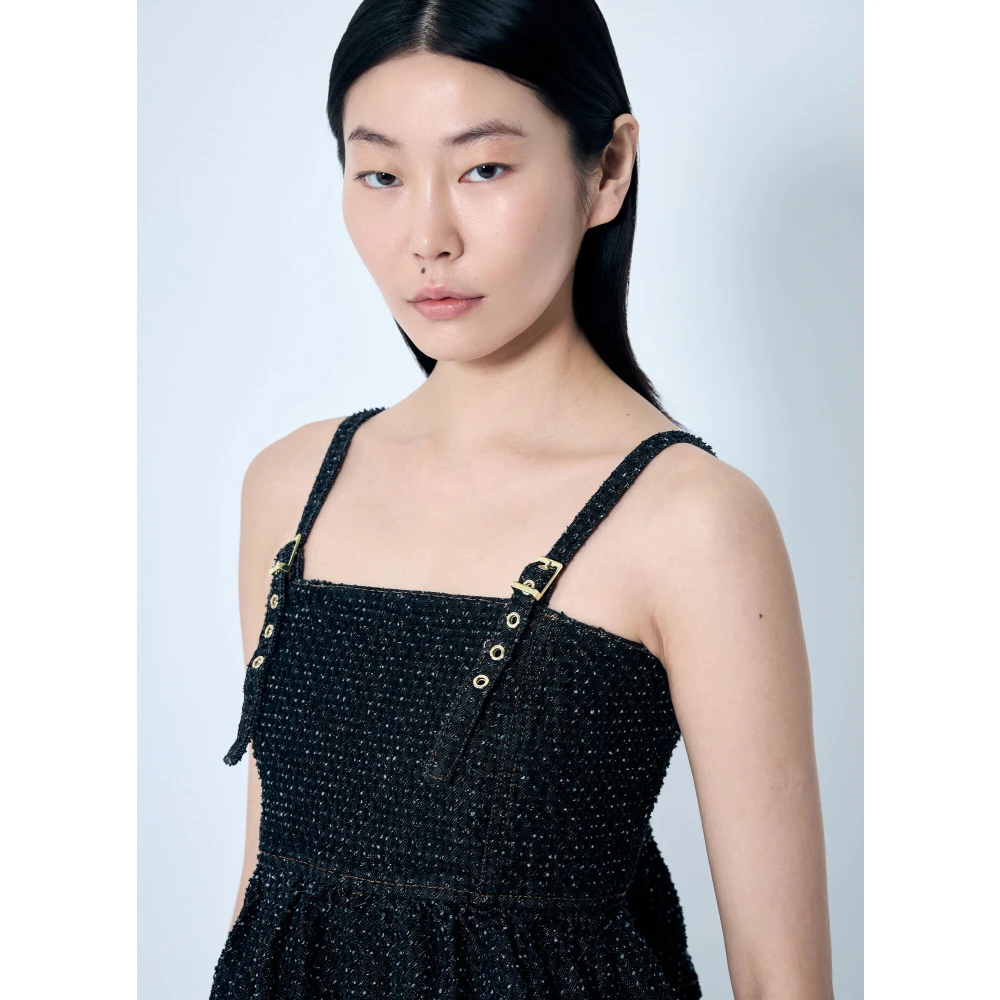 Ganni Fluffy Denim Peplum Strap Top Black Dames