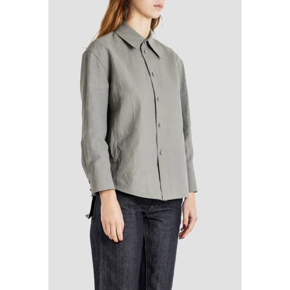 Jil Sander Grijze shirt in gecoat linnen knoopsluiting Gray Dames