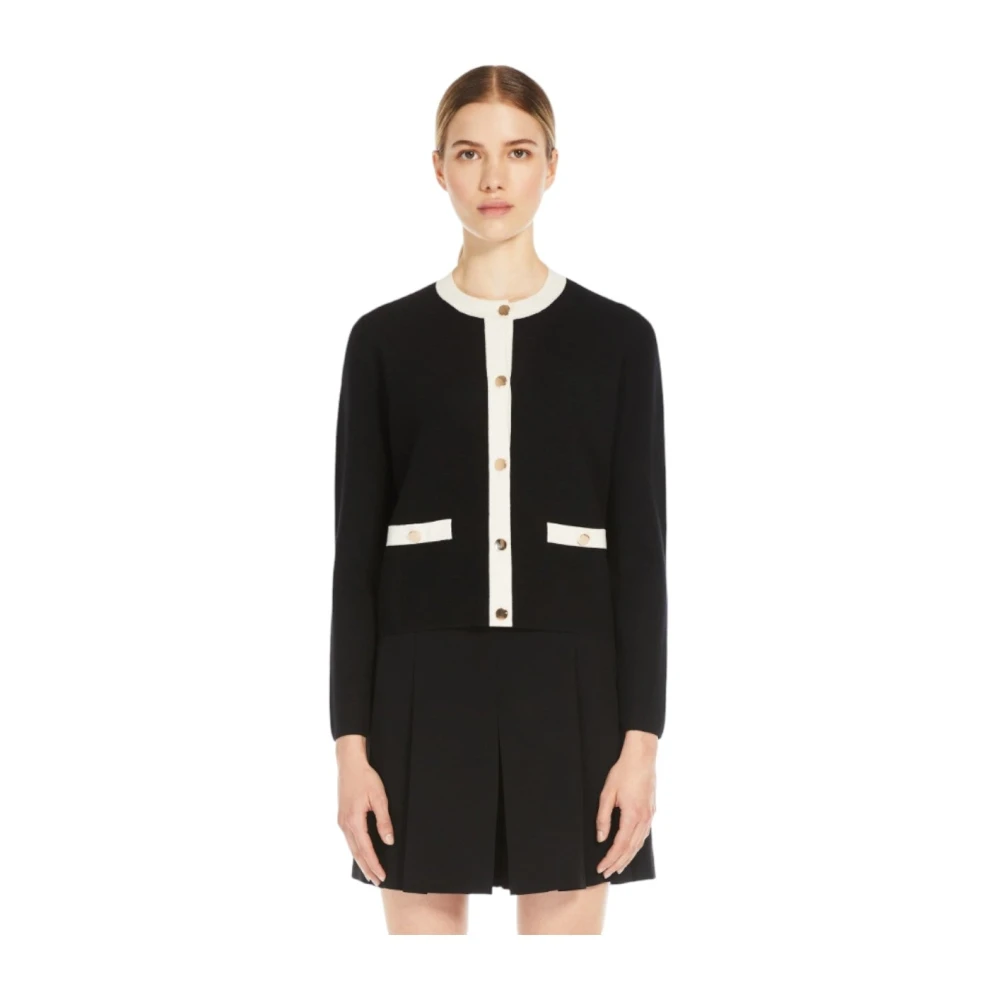 Max Mara Gebreid Crew-Neck Jack met Flappen Black Dames