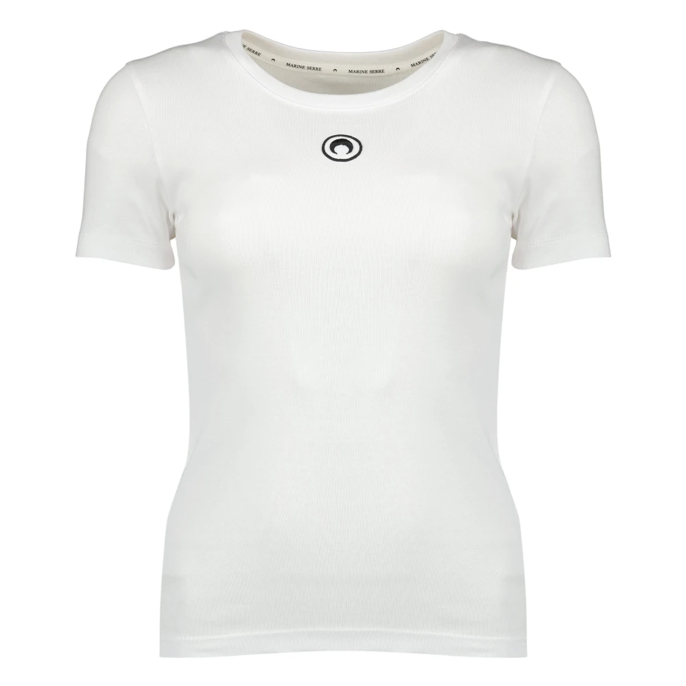 Marine Serre Women's White T-Shirts, S, Moon Logo Ribbed Jersey Baby Fit T-Shirt