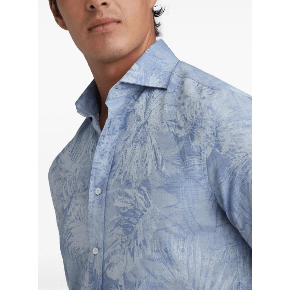 BRUNELLO CUCINELLI Blauwe Palm Springs Jacquard Overhemd Blue Heren