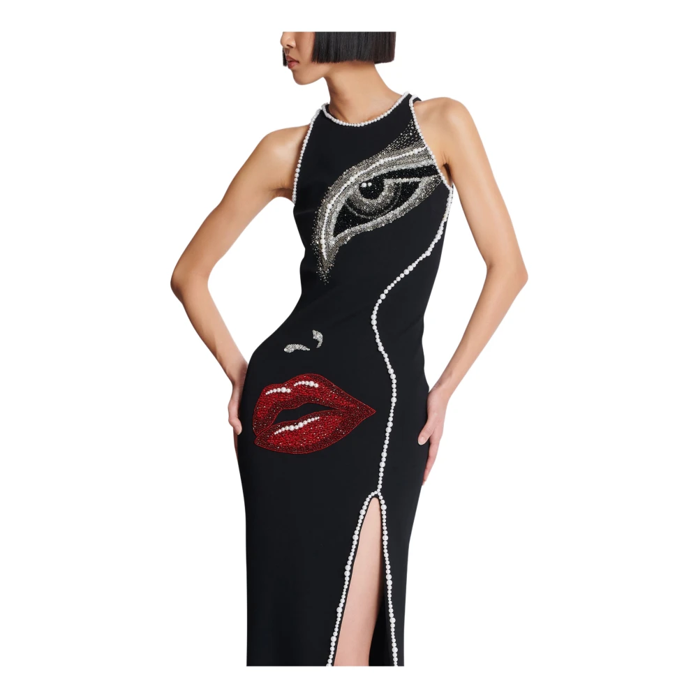 Balmain Lange geborduurde jurk met gezichtsmotief Black Dames