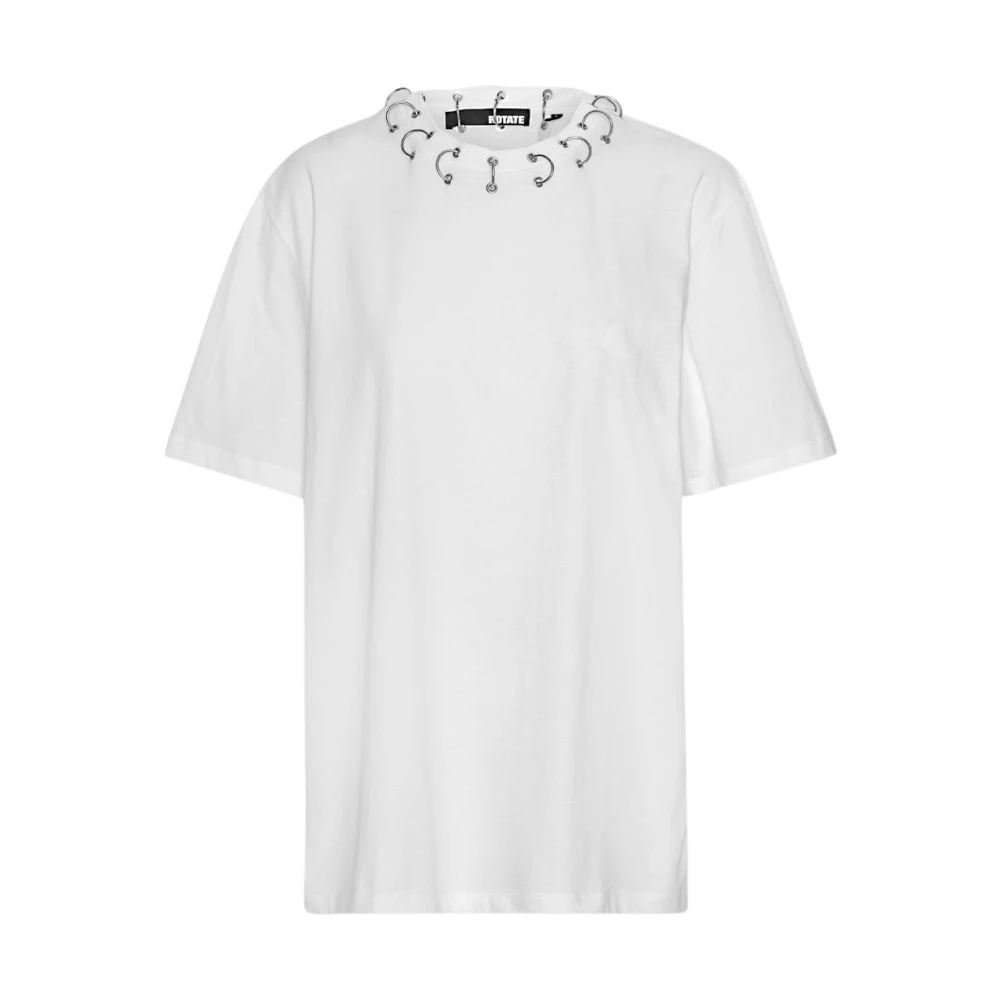 Rotate Birger Christensen Women's White T-Shirts, Xs, Oversized Ring T-Shirt With Jeweled Neck