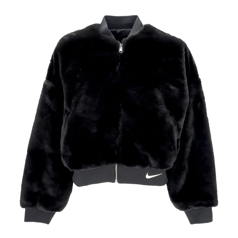 Nike Black Fleece Jackets, Female, M, Reversible Faux Fur Bomber Jacket