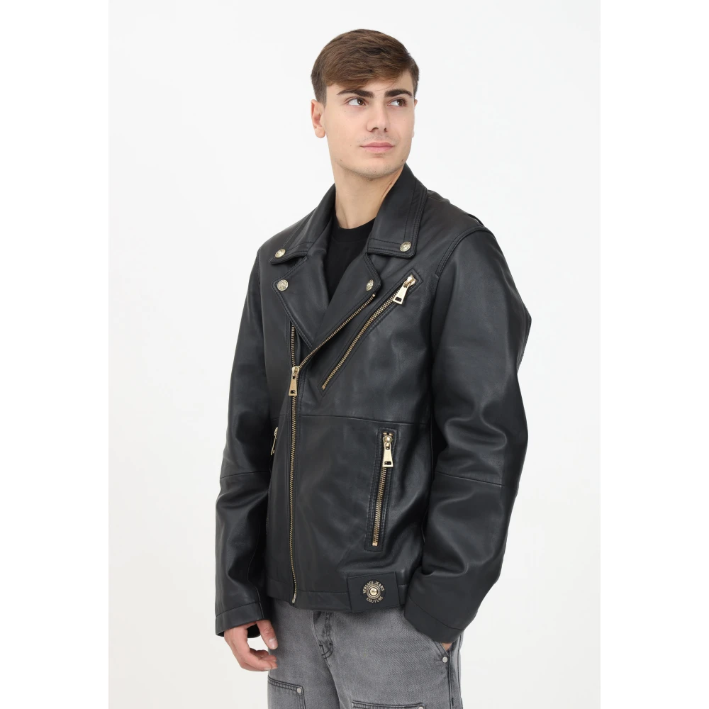 Versace Jeans Couture Zwarte leren motorjas met gouden details Black Heren