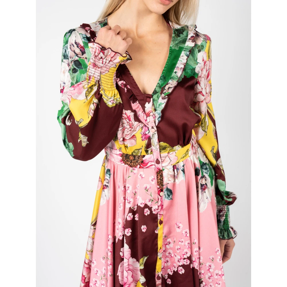 pinko Bloemen Midi Jurk met V-Hals en Knoopsluiting Multicolor Dames