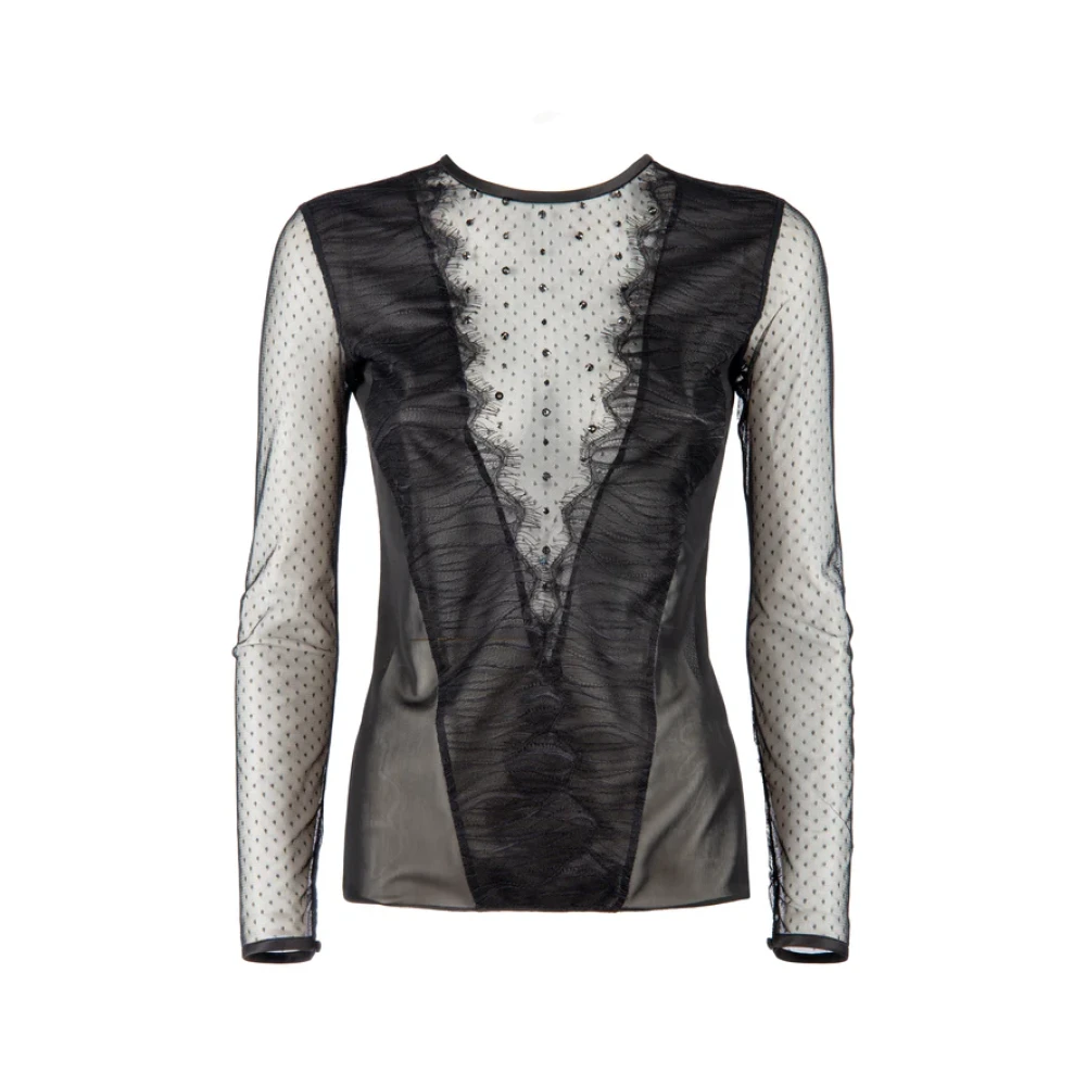 Nenette Zwarte kanten inzet shirt Black Dames