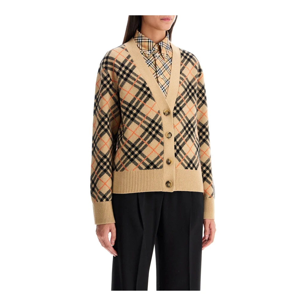 Burberry Kasjmier Boxy Cardigan met Ruitpatroon Beige Dames