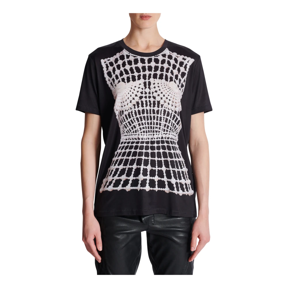 Balmain Losse T-shirt met nepborduurwerkprint Black Dames