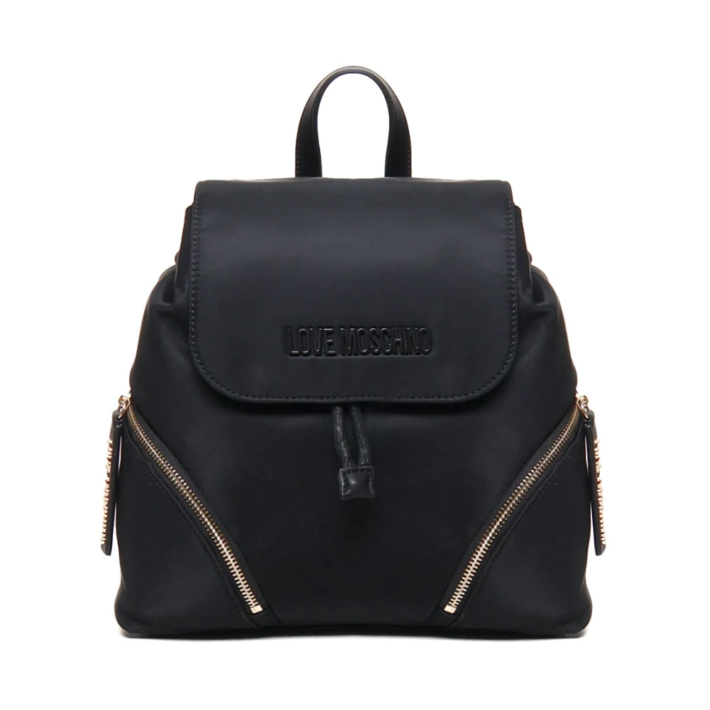 Love Moschino Zwarte Nylon Rugzak met Klep Sluiting Black Dames