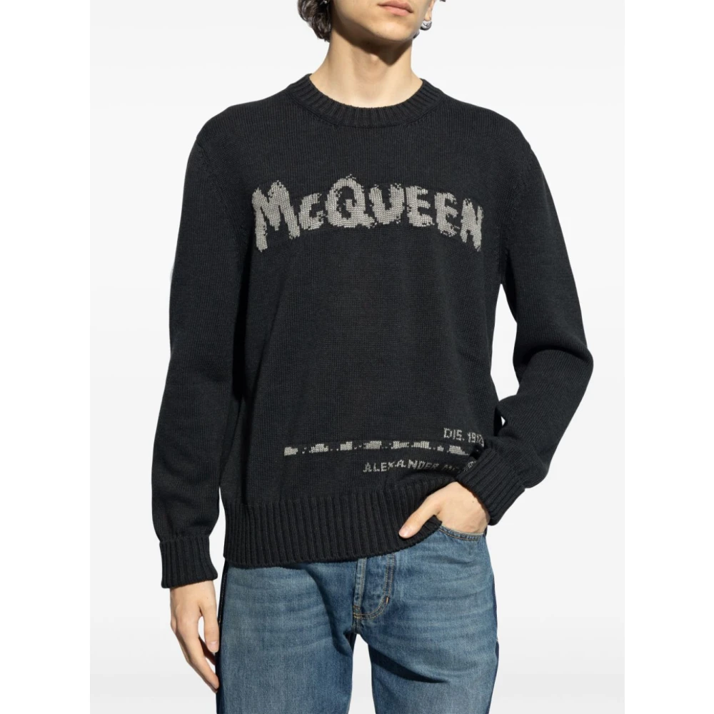 alexander mcqueen Zwarte Katoenen Trui met Logoprint Black Heren