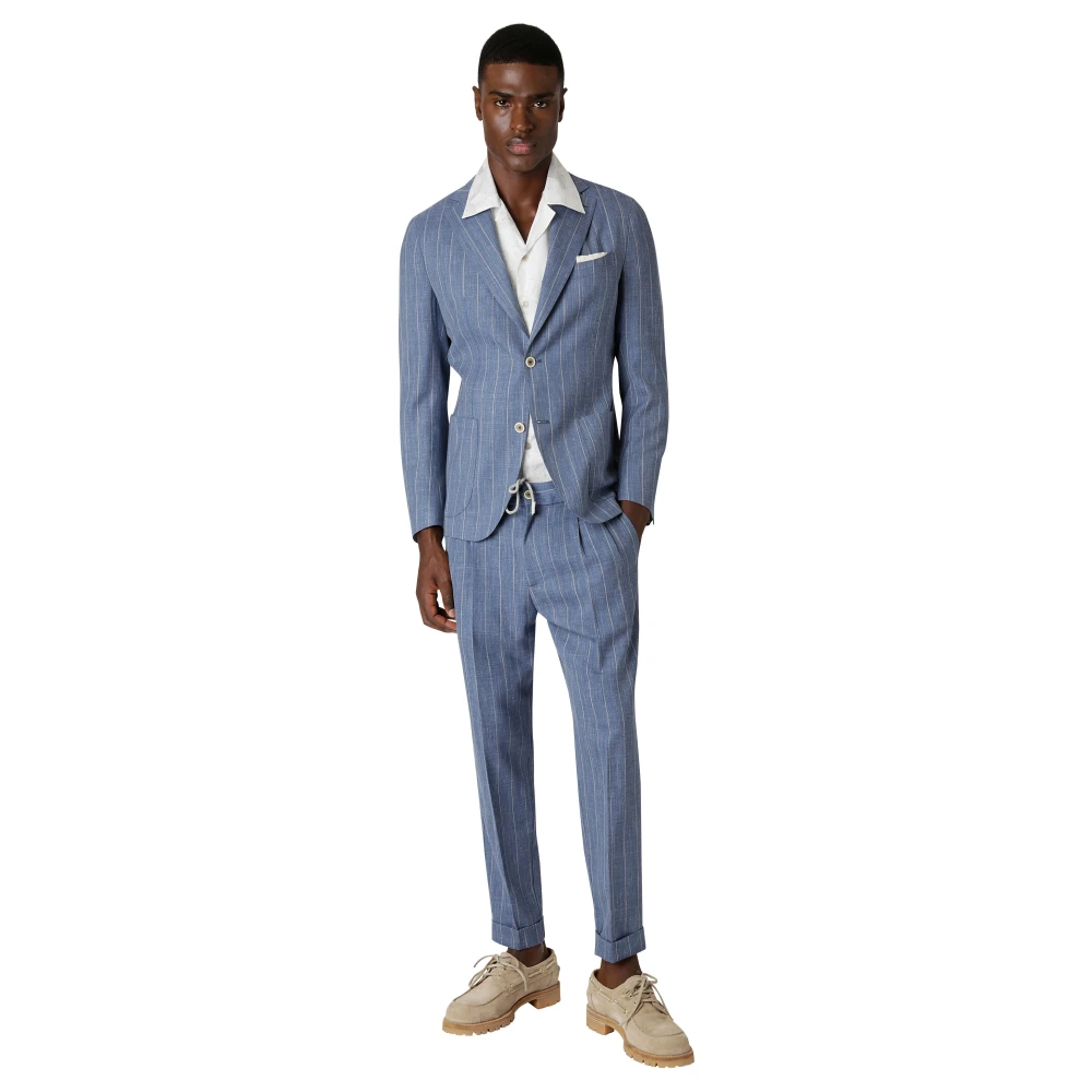 Eleventy Slim Fit Wol Zijde Linnen Pak Blue Heren