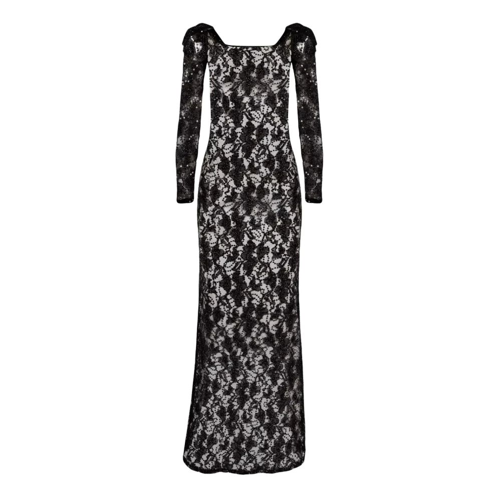 Nina Ricci Zwarte Kant Paillet Maxi Jurk Black Dames