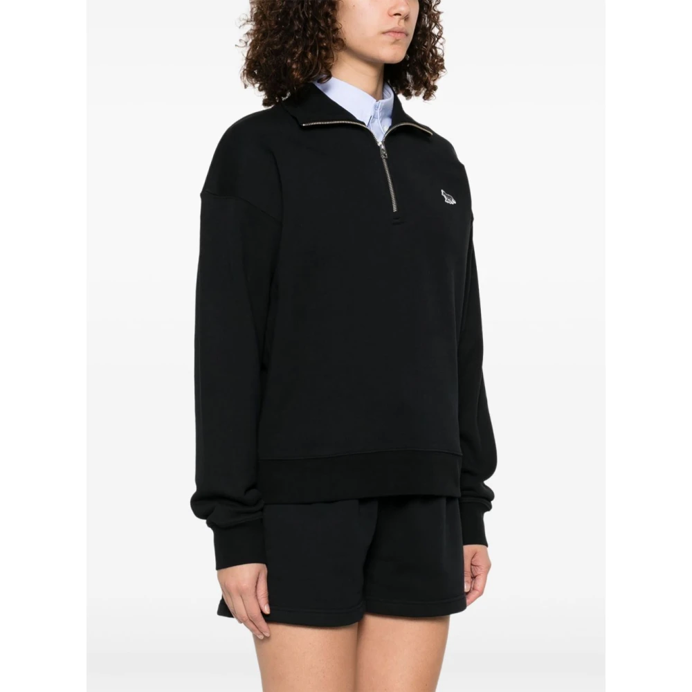 Maison Kitsuné Zwarte Half Zip Hoge Hals Trui Black Dames