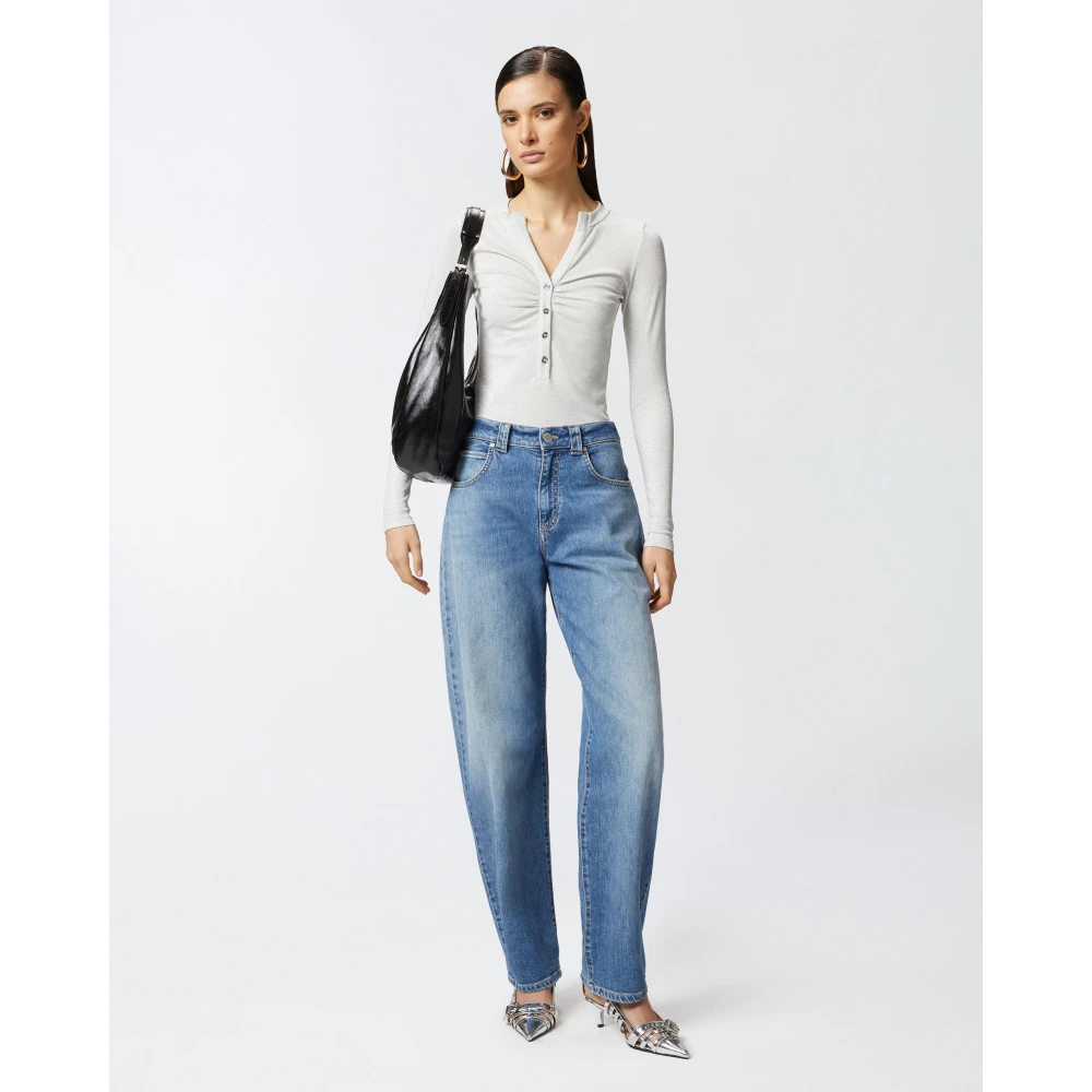 pinko Metallic Geribbelde Lange Mouw Henley Trui Gray Dames