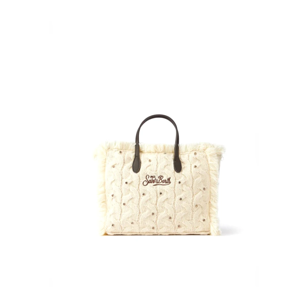 MC2 Saint Barth Zwarte Gebreide Franje Tas met Geborduurd Logo Beige Dames
